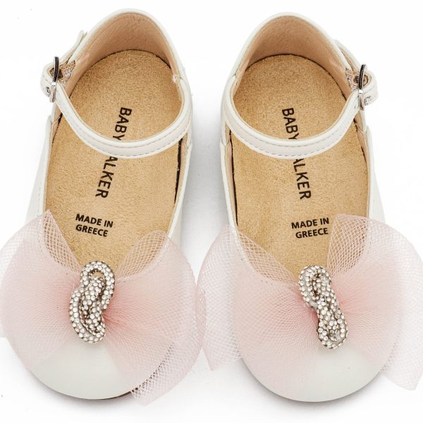 Δερμάτινο Γαλλικό Γοβάκι με Χειροποιητο Φιόγκο Κρένα και Στρας σε Εκρού Ροζ Χρώμα