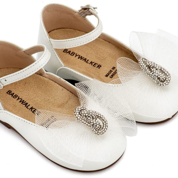 Δερμάτινο Γαλλικό Γοβάκι με Χειροποιητο Φιόγκο Κρένα και Στρας σε Εκρού Χρώμα