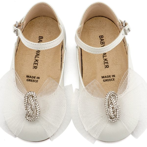 Δερμάτινο Γαλλικό Γοβάκι με Χειροποιητο Φιόγκο Κρένα και Στρας σε Εκρού Χρώμα