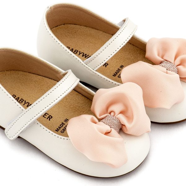 Δερμάτινο Γοβάκι Μονή Μπαρέτα Χρατς με Σατέν Χειροποίητο Φιόγκο σε Εκρού Ροζ Χρώμα