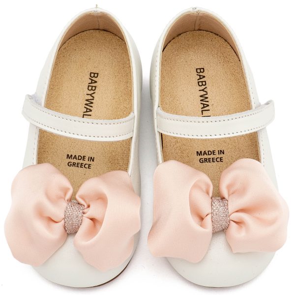 Δερμάτινο Γοβάκι Μονή Μπαρέτα Χρατς με Σατέν Χειροποίητο Φιόγκο σε Εκρού Ροζ Χρώμα