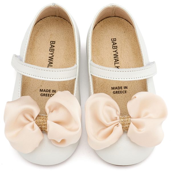 Δερμάτινο Γοβάκι Μονή Μπαρέτα Χρατς με Σατέν Χειροποίητο Φιόγκο σε Εκρού Χρώμα