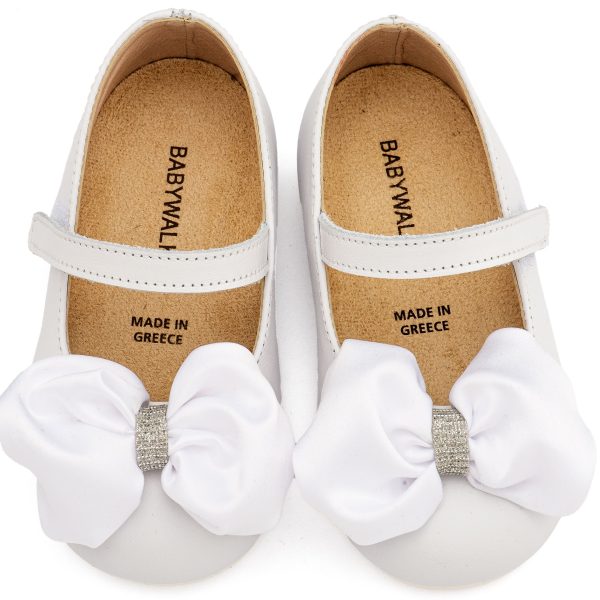 Δερμάτινο Γοβάκι Μονή Μπαρέτα Χρατς με Σατέν Χειροποίητο Φιόγκο σε Λευκό Χρώμα