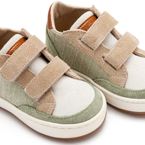 Δίχρωμο Sneaker Διπλό Χρατς απο Δέρμα και Ύφασμα σε Μέντα Μπεζ Λευκό Χρώμα