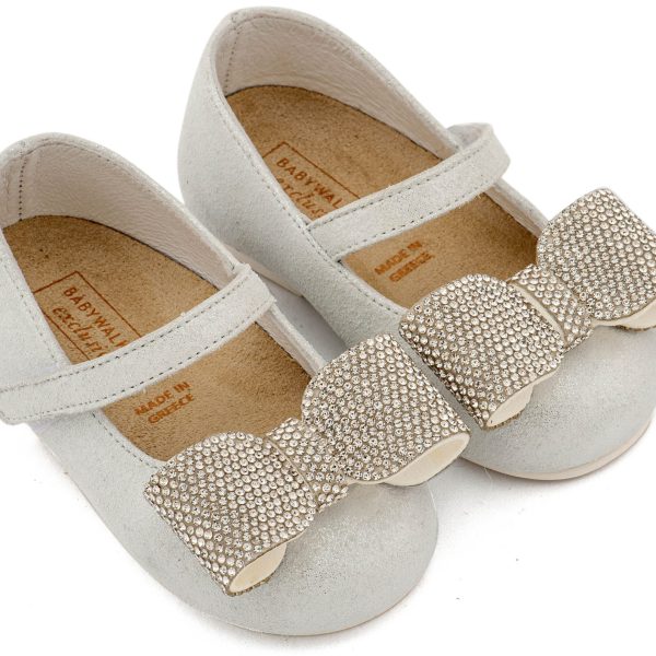 Γοβάκι απο Τυπωμένο Δέρμα Μονή Μπαρέτα Διακοσμημένο με Στρασένιο Φιόγκο σε Λευκό Πάγου Χρώμα