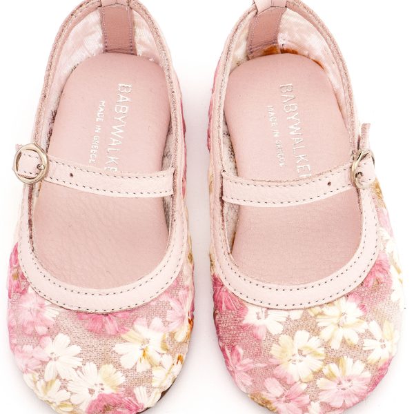 Γοβάκι απο Ύφασμα Φιλντιρέ Λουλούδια με Δερμάτινες Λεπτομέρειες σε Ροζ Φλοράλ Χρώμα