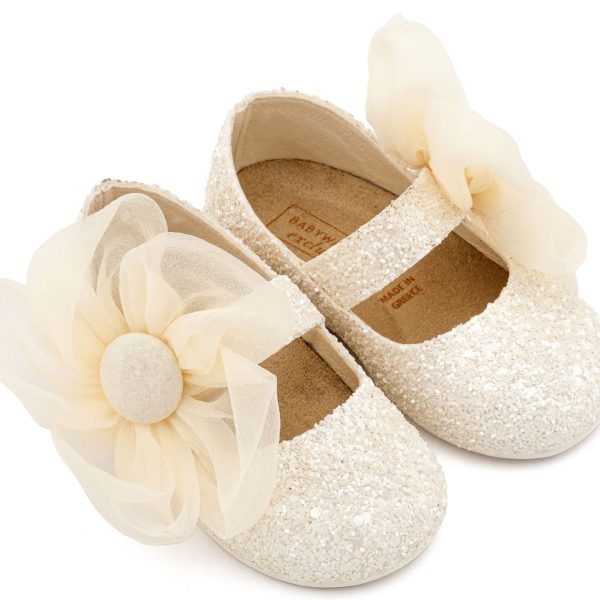 Glitter Γοβάκι Μονή Μπαρέτα Διακοσμημένο με Μεγάλο Λουλούδι Οργάντζας σε Εκρού Χρώμα