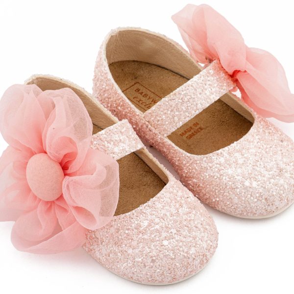 Glitter Γοβάκι Μονή Μπαρέτα Διακοσμημένο με Μεγάλο Λουλούδι Οργάντζας σε Ροζ Χρώμα