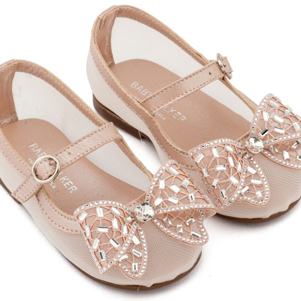 Γοβάκι απο Ύφασμα Φιλντιρέ  με Δερμάτινες Λεπτομέρειες  και Φιόγκο Στρας σε Ροζ Αντικέ Χρώμα