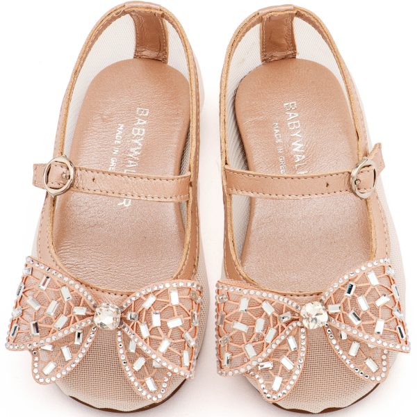 Γοβάκι απο Ύφασμα Φιλντιρέ  με Δερμάτινες Λεπτομέρειες  και Φιόγκο Στρας σε Ροζ Αντικέ Χρώμα