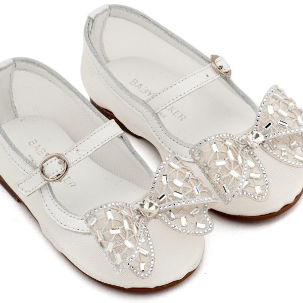 Γοβάκι απο Ύφασμα Φιλντιρέ  με Δερμάτινες Λεπτομέρειες  και Φιόγκο Στρας σε Λευκό Χρώμα