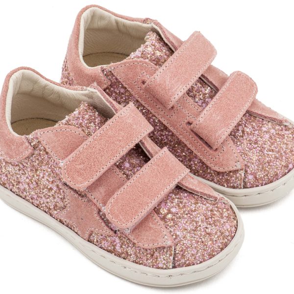 Sneaker Διπλό Χρατς απο Glitter και Δέρμα με Αστέρι στο Πλάι σε Ροζ Αντικέ Χρώμα