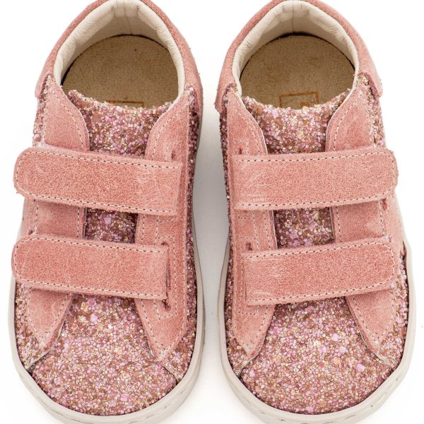 Sneaker Διπλό Χρατς απο Glitter και Δέρμα με Αστέρι στο Πλάι σε Ροζ Αντικέ Χρώμα