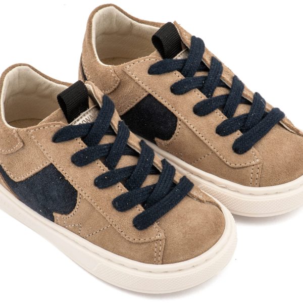 Δερμάτινο Δίχρωμο Sneaker Δετό σε Μπεζ Μπλε Χρώμα