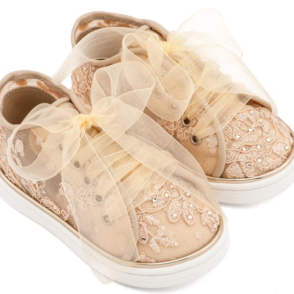 Sneaker απο Ύφασμα Φιλντιρέ Λουλούδια με Δερμάτινες Λεπτομέρειες και Chiffon Κορδόνι σε Μπεζ Χρώμα