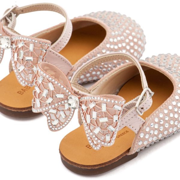 Δερμάτινο Σαμπό Διακοσμημένο Ολόγυρα με Στρας και Φιόγκο απο Στρας στη Φτέρνα σε Ροζ Αντικέ Χρώμα