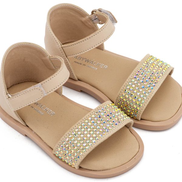 Δερμάτινο Πέδιλο Διακοσμημένο με Στρας σε Μπεζ Χρώμα