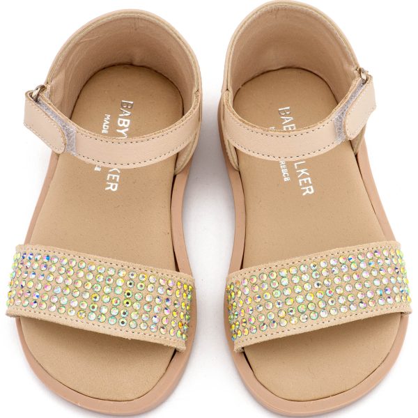 Δερμάτινο Πέδιλο Διακοσμημένο με Στρας σε Μπεζ Χρώμα