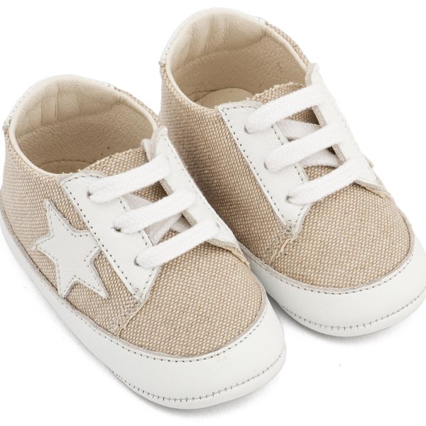 Υφασμάτινο Δετό Sneaker με Δέρμα και Αστέρι στο Πλάι σε Μπεζ Λευκό Χρώμα