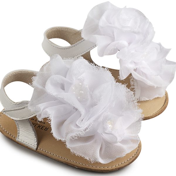 Δερμάτινο Πέδιλο Chiffon Λουλούδια σε Λευκό Χρώμα