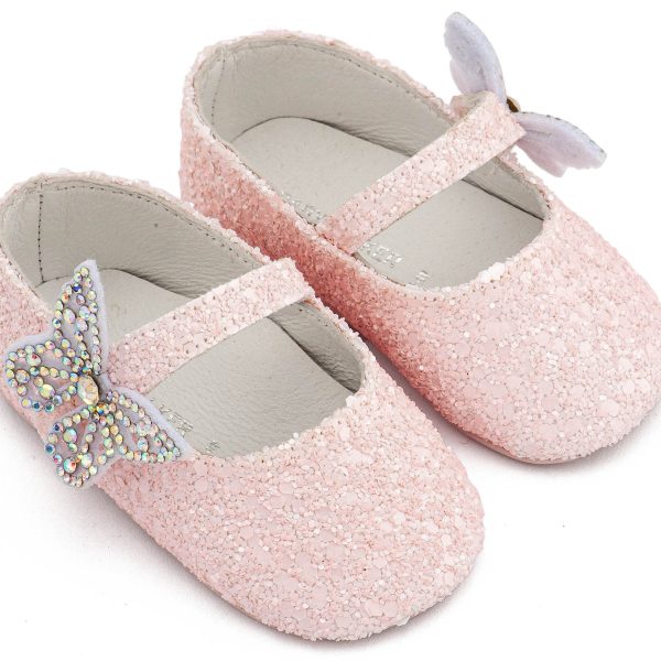 Υφασμάτινο Γοβάκι Μονή Μπαρέτα Χρατς με Στρασένια Πεταλούδα σε Ροζ Χρώμα