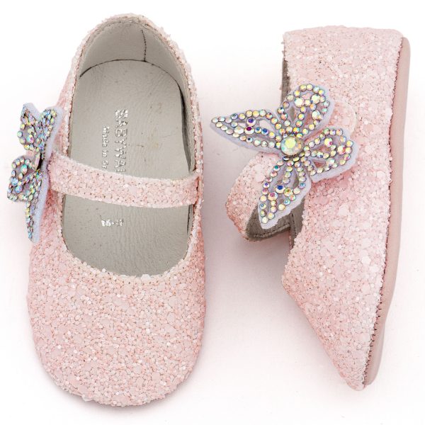 Υφασμάτινο Γοβάκι Μονή Μπαρέτα Χρατς με Στρασένια Πεταλούδα σε Ροζ Χρώμα