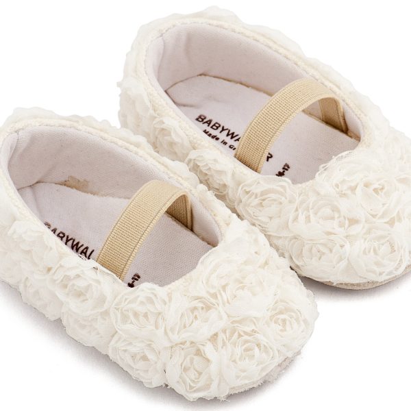 Υφασμάτινη Μπαλαρινα Διακοσμημένη με Chiffon Λουλούδια   Λευκό Χρώμα