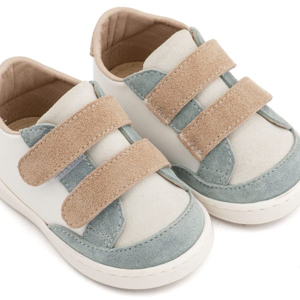 Δερμάτινο Τρίχρωμο Sneakers  Διπλή Μπαρέτα Χρατς σε Λευκό Μίνεραλ Μπεζ Χρώμα