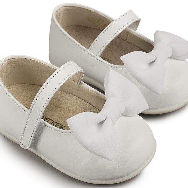 Δερμάτινο Γοβακι Μονή Μπαρέτα με Φιόγκο Οργάντζα από Δέρμα Νάπα σε Λευκό Χρώμα