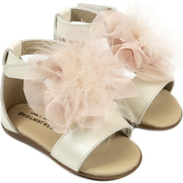 Δερμάτινο Πέδιλο Διακοσμημένο με Chiffon  Πον Πον από Δέρμα Πέρλα σε Εκρού Ροζ  Χρώμα