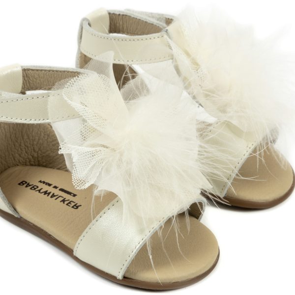 Δερμάτινο Πέδιλο Διακοσμημένο με Chiffon  Πον Πον από Δέρμα Πέρλα σε Εκρού Χρώμα