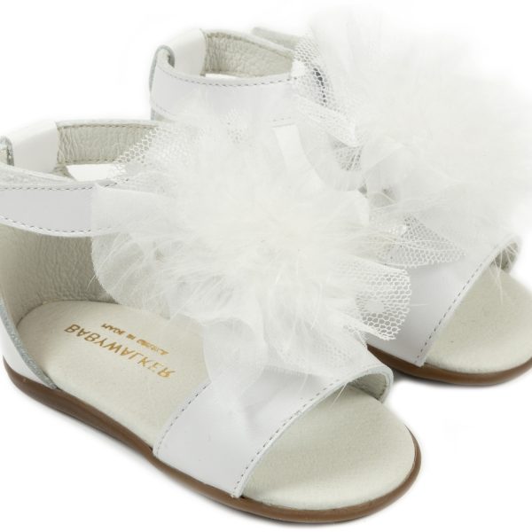 Δερμάτινο Πέδιλο Διακοσμημένο με chiffon  Πον Πον από Δέρμα Νάπα σε Λευκό Χρώμα