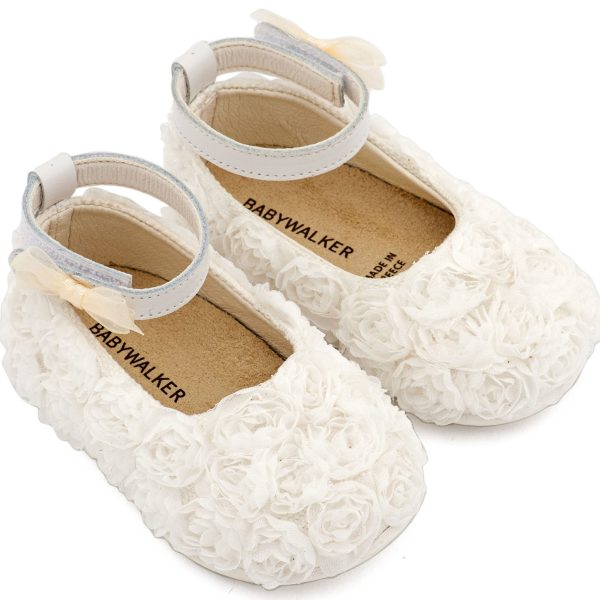 Υφασμάτινη Μπαλαρίνα Διακοσμημένη με Chiffon Λουλούδια σε Λευκό Χρώμα