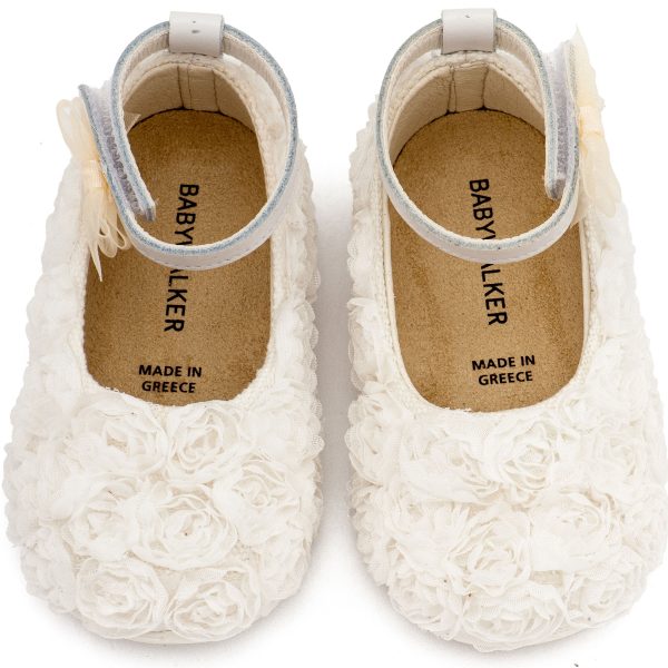 Υφασμάτινη Μπαλαρίνα Διακοσμημένη με Chiffon Λουλούδια σε Λευκό Χρώμα