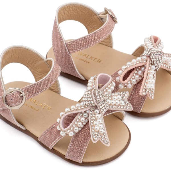 Πέδιλο απο Μεταλλιζέ Ύφασμα Διακοσμημένο με Φιόγκο απο Πέρλες σε Ροζ Αντικέ Χρώμα