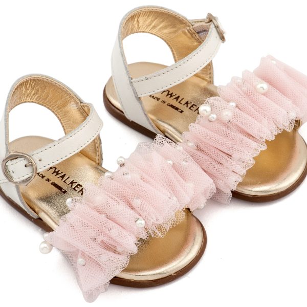 Δερμάτινο Πέδιλο με Χειροποίητο Διακοσμητικό απο Τούλι σε Εκρού Ροζ Χρώμα