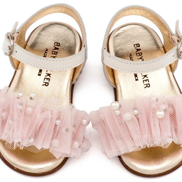 Δερμάτινο Πέδιλο με Χειροποίητο Διακοσμητικό απο Τούλι σε Εκρού Ροζ Χρώμα