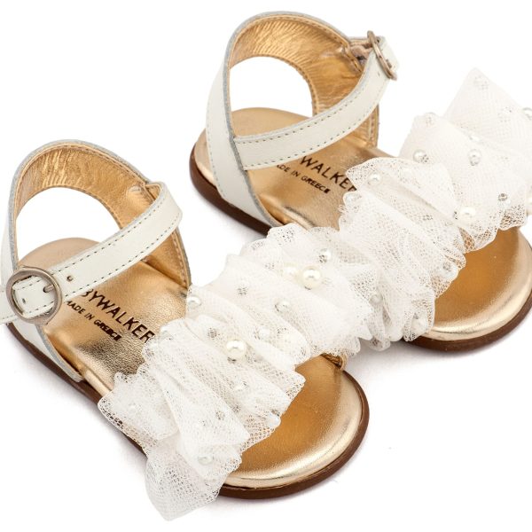 Δερμάτινο Πέδιλο με Χειροποίητο Διακοσμητικό απο Τούλι σε Εκρού Χρώμα