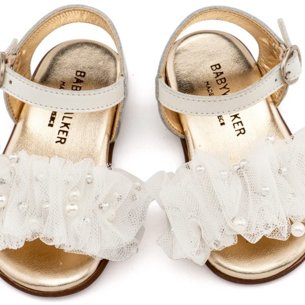 Δερμάτινο Πέδιλο με Χειροποίητο Διακοσμητικό απο Τούλι σε Εκρού Χρώμα