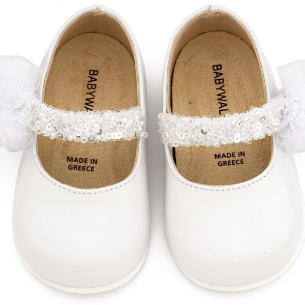 Δερμάτινο Γοβάκι  Μονή Μπαρέτα Διακοσμημένο με Τρέσα και Τούλινο Πον Πον σε Εκρού Χρώμα