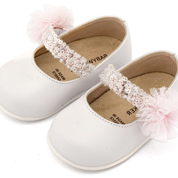 Δερμάτινο Γοβάκι  Μονή Μπαρέτα Διακοσμημένο με Τρέσα και Τούλινο Πον Πον σε Λευκό Ροζ Χρώμα