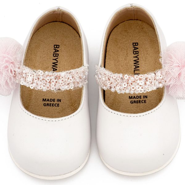 Δερμάτινο Γοβάκι  Μονή Μπαρέτα Διακοσμημένο με Τρέσα και Τούλινο Πον Πον σε Λευκό Ροζ Χρώμα