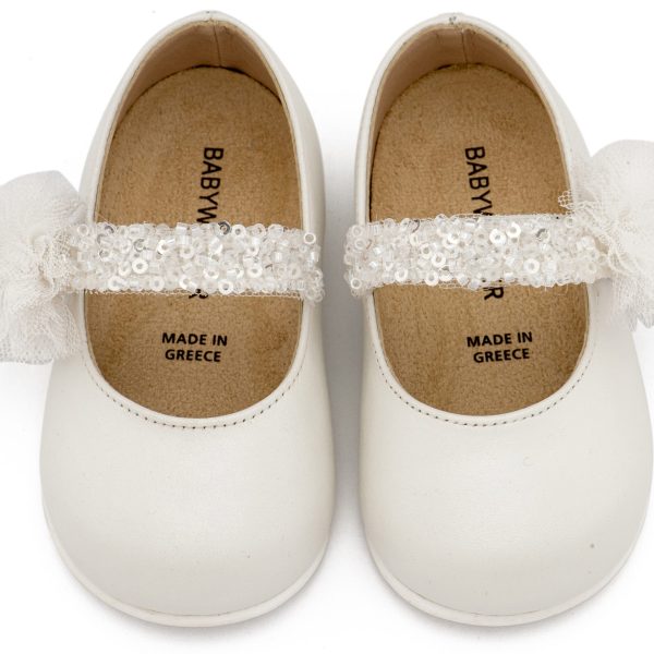 Δερμάτινο Γοβάκι  Μονή Μπαρέτα Διακοσμημένο με Τρέσα και Τούλινο Πον Πον σε Λευκό Χρώμα