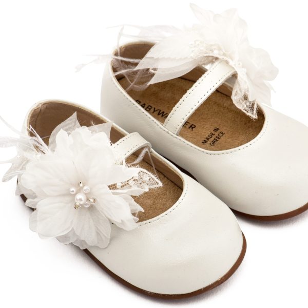 Δερμάτινο Γοβάκι Μονή Μπαρέτα Χειροποίητο Λουλούδι με Πούπουλα σε Εκρού Χρώμα