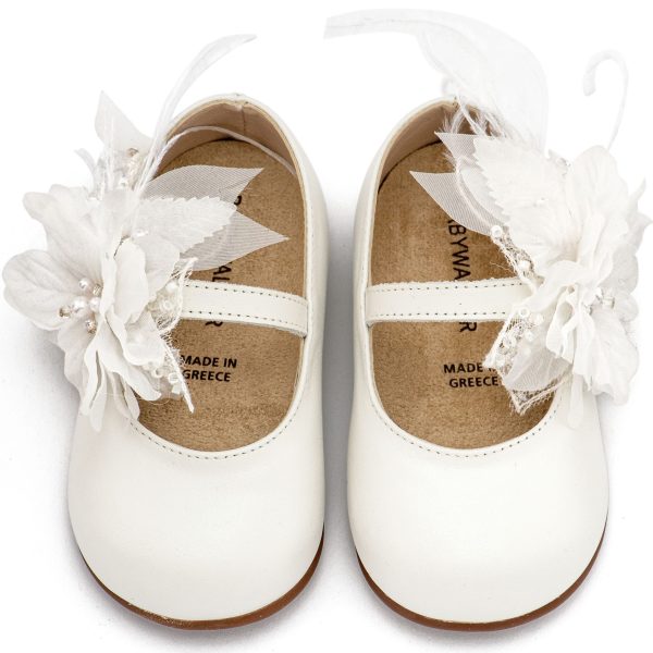 Δερμάτινο Γοβάκι Μονή Μπαρέτα Χειροποίητο Λουλούδι με Πούπουλα σε Εκρού Χρώμα