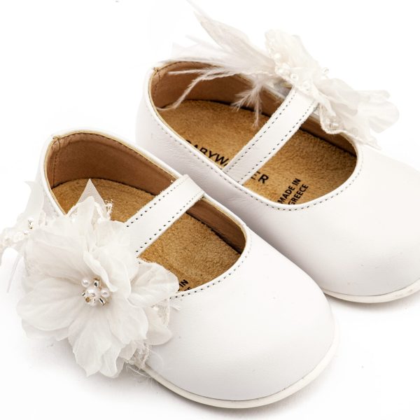 Δερμάτινο Γοβάκι Μονή Μπαρέτα Χειροποίητο Λουλούδι με Πούπουλα σε Λευκό Χρώμα