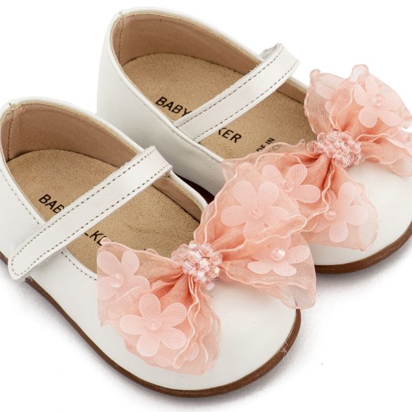 Δερμάτινο Γοβάκι Μονή Μπαρέτα Φιογκάκι Οργάντζας σε Εκρού Ροζ Χρώμα