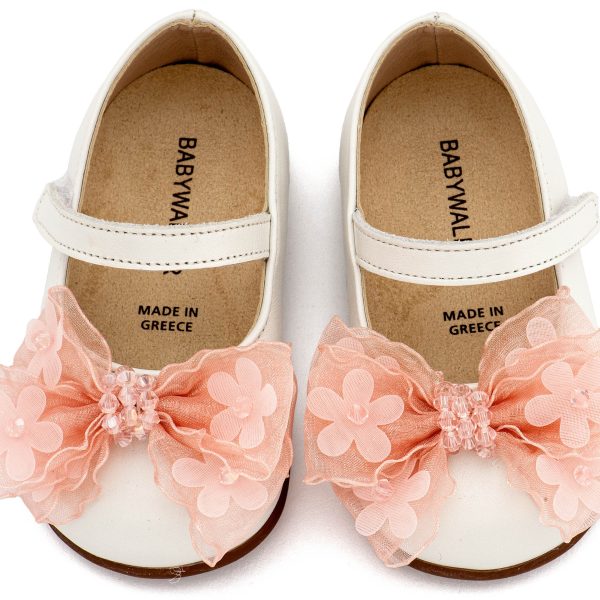 Δερμάτινο Γοβάκι Μονή Μπαρέτα Φιογκάκι Οργάντζας σε Εκρού Ροζ Χρώμα