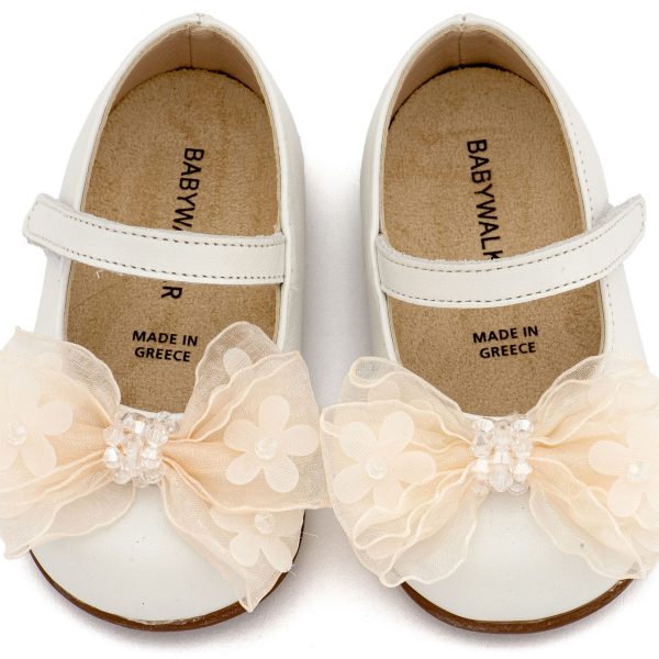 Δερμάτινο Γοβάκι Μονή Μπαρέτα Φιογκάκι Οργάντζας σε Εκρού Χρώμα