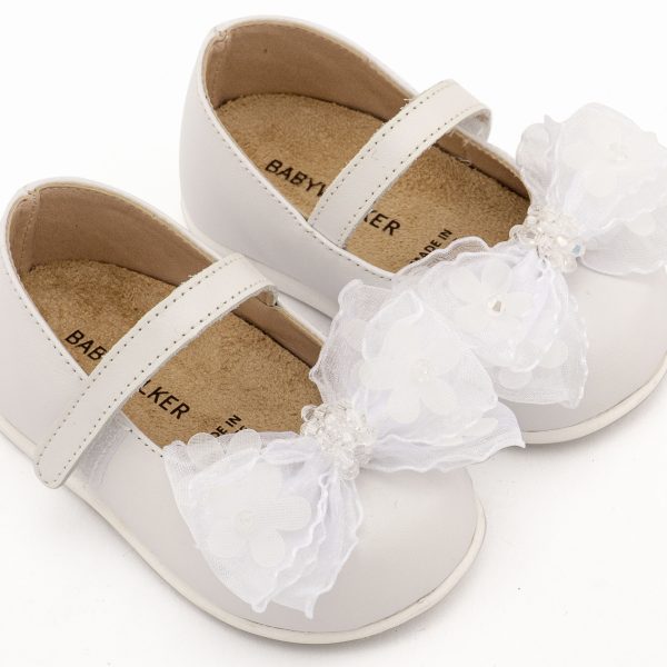 Δερμάτινο Γοβάκι Μονή Μπαρέτα Φιογκάκι Οργάντζας σε Λευκό Χρώμα